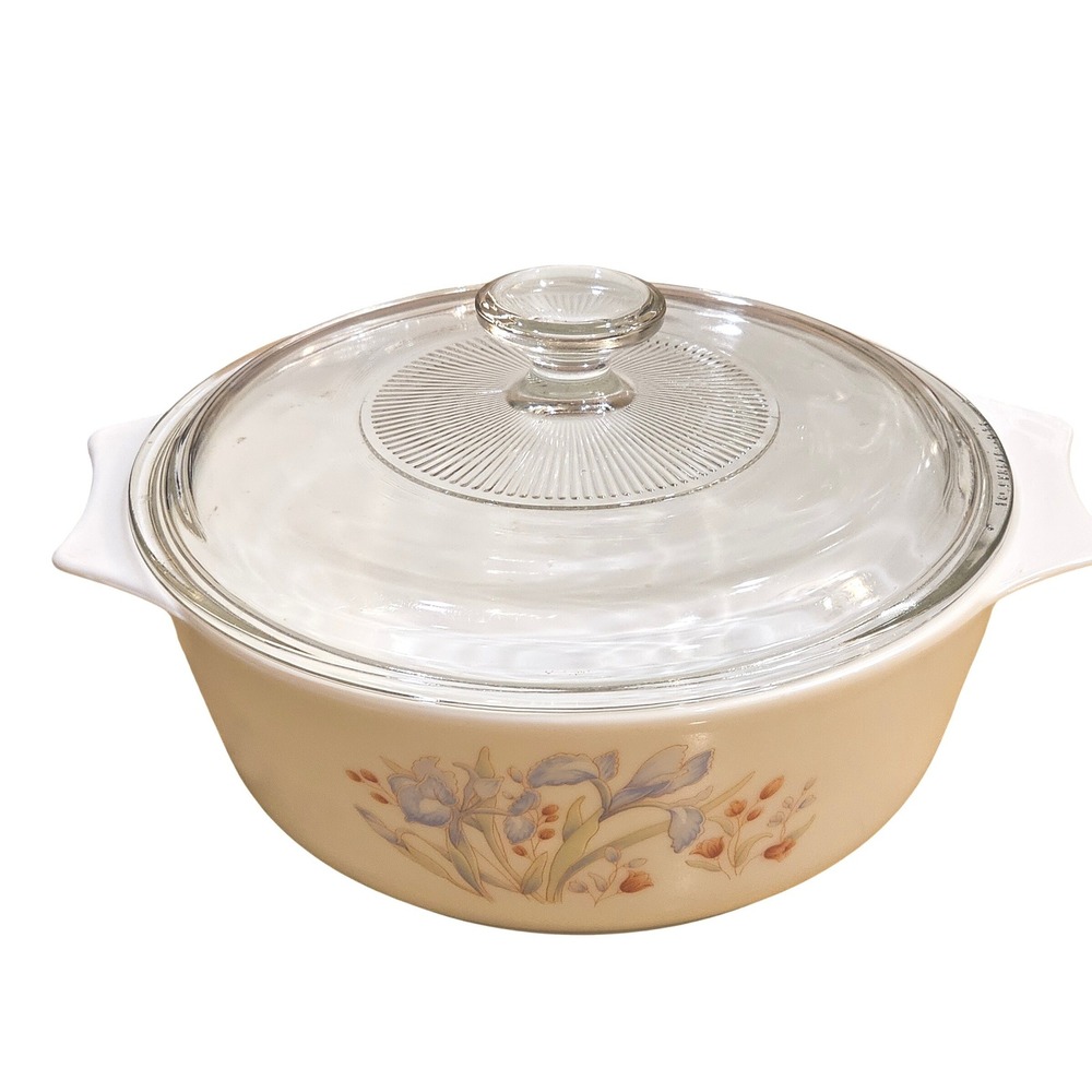 Corning Ware Blue Iris Casserole‎ Dish with Glass Lid Round White 2 Qt Vintage
